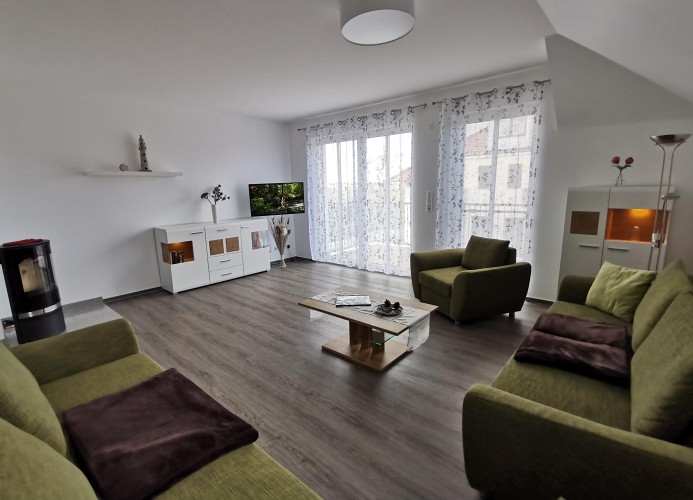 Wohnzimmer mit Kamin und SAT-TV